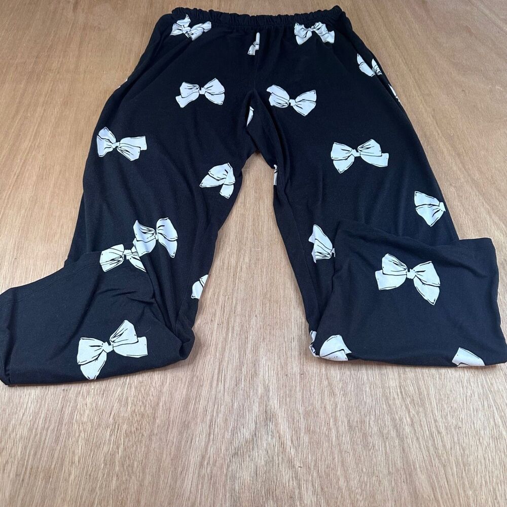 Women's Black Bow Print Lounge Pants Size S Soft Stretch Elastic Waist